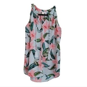 C & E Blue Green Pink Lily Floral Sleeveless Tassle Top Size XS